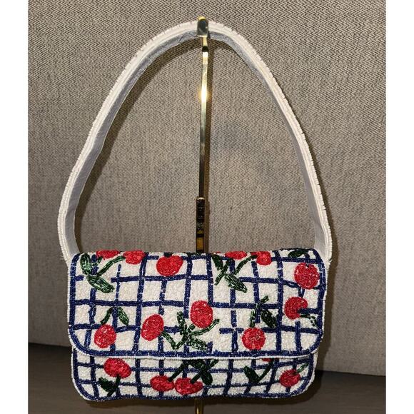 Hand Beaded Viral Cherry Checkered White Shoulder Evening Bag Coquette NWOT - Picture 1 of 5